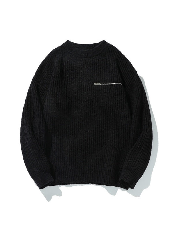 Zippered Pockets Thickening Crew Neck Sweater