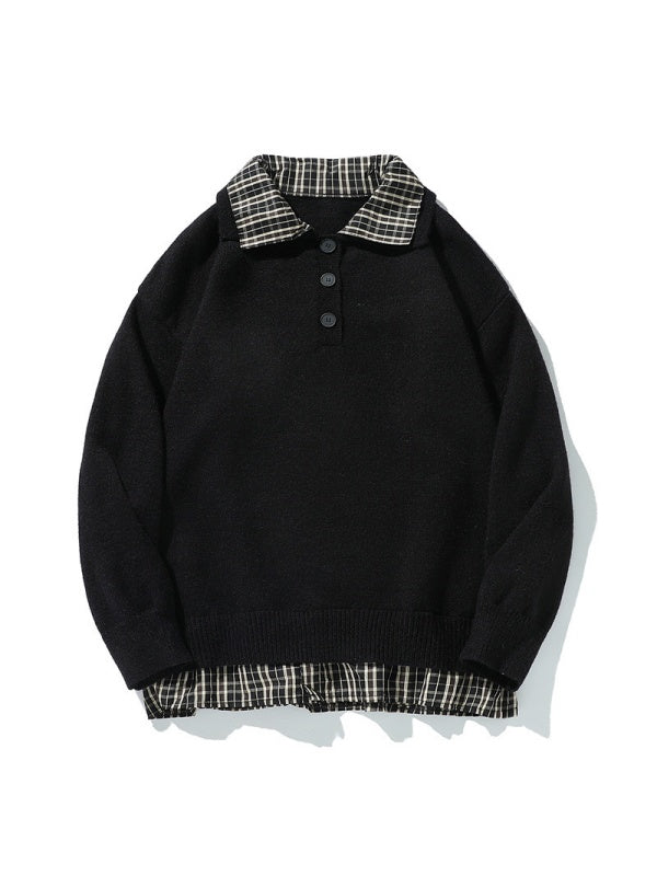 Retro Contrasting Colors Plaid Fake Two Pieces Splicing Sweater