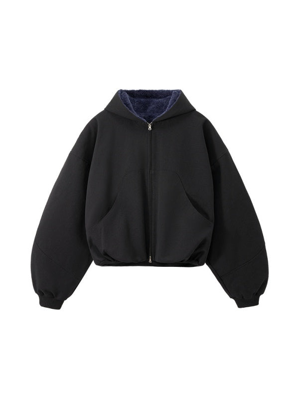 Plush Colorblock Hooded Zipper Jacket