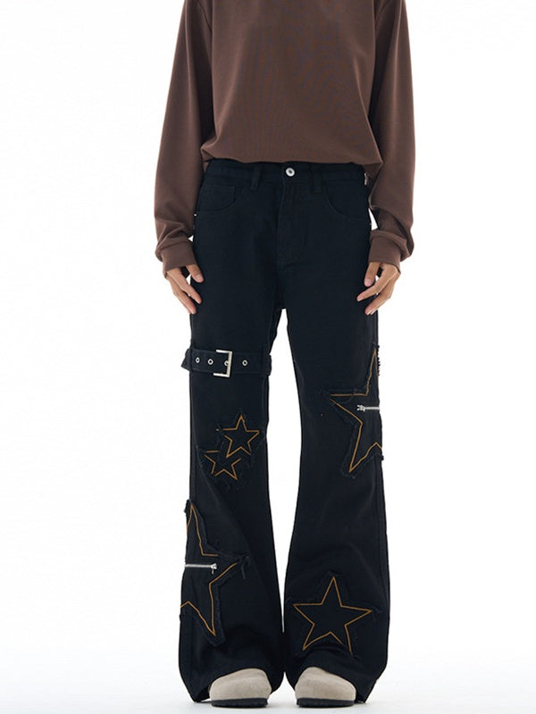 Star Embroidery Slightly Flared Casual Pants