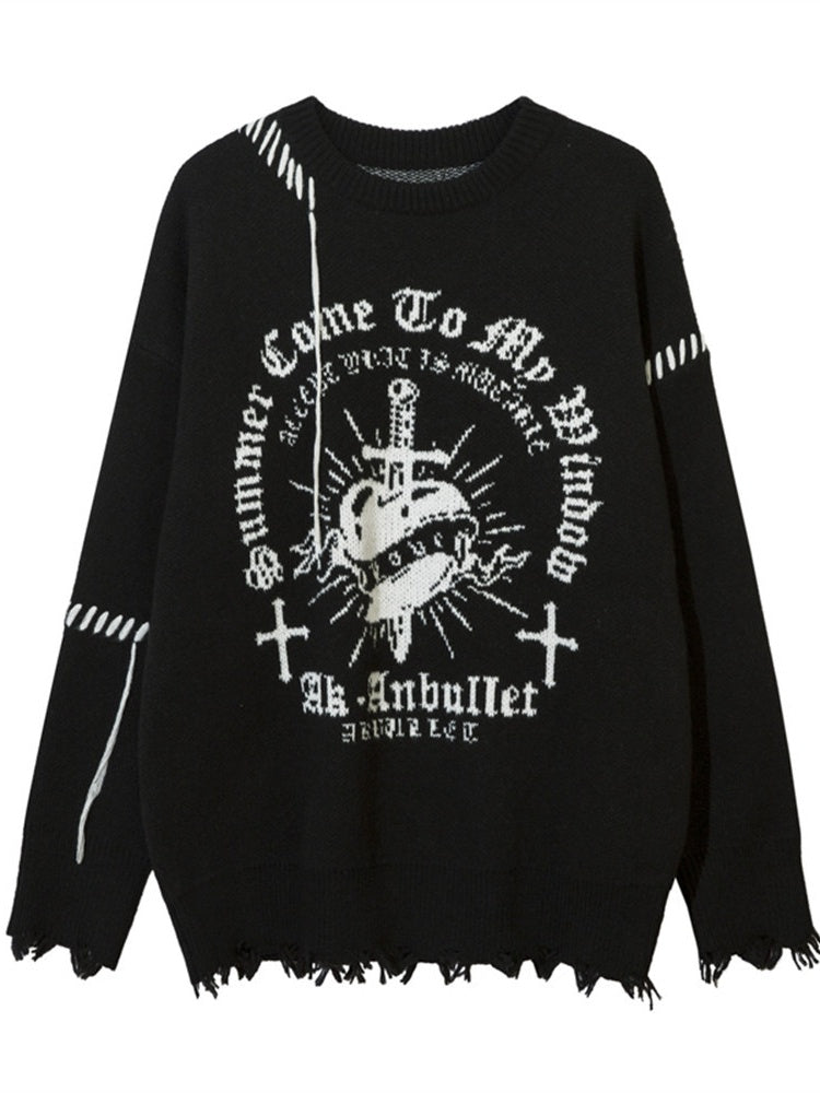 Dark Cross Jacquard Contrasting Colors Sutures Cut Destroy Sweater