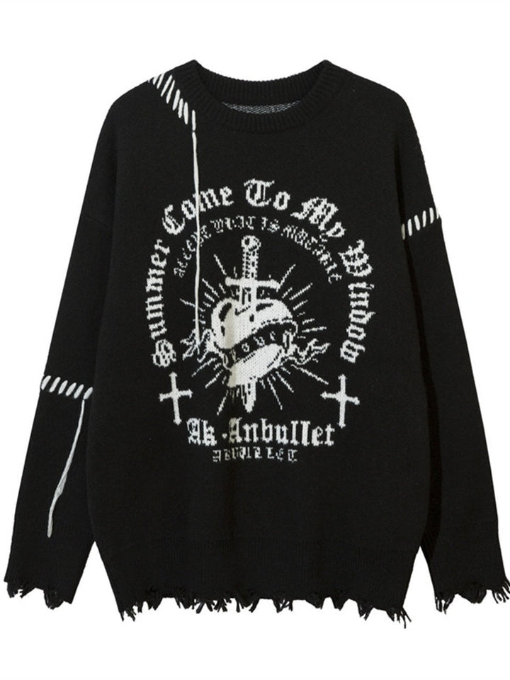Dark Cross Jacquard Contrasting Colors Sutures Cut Destroy Sweater