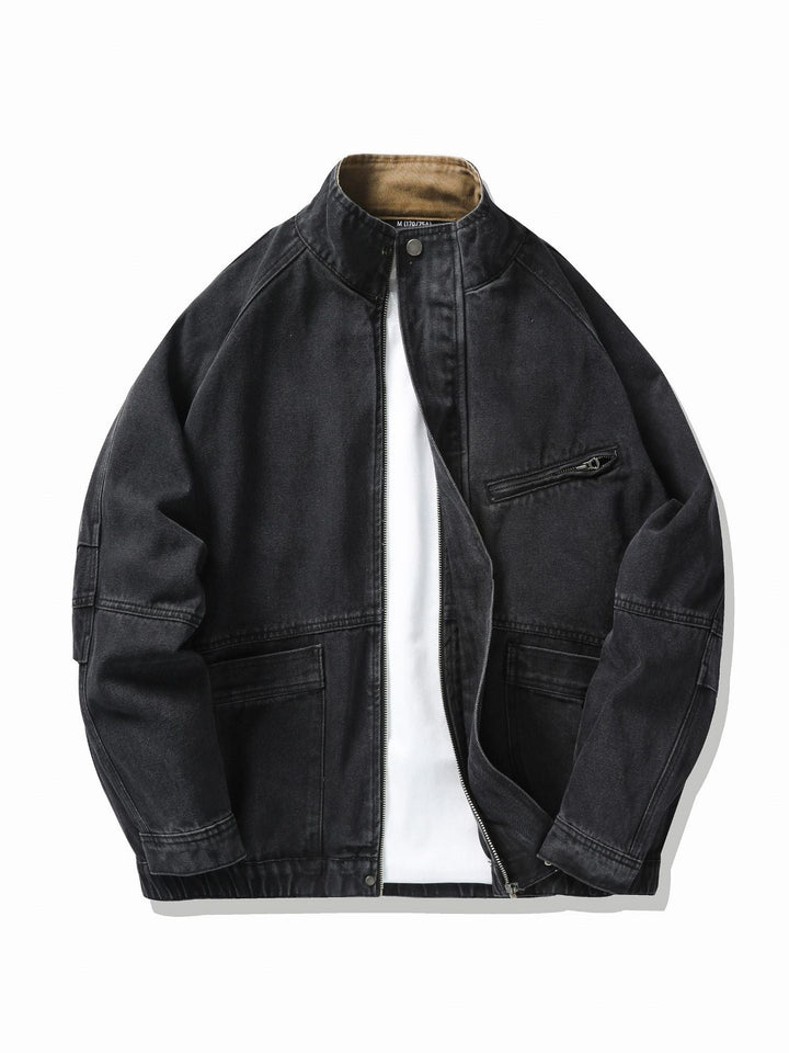 Retro Washing Stand Collar Zipper Workwear Denim Jacket