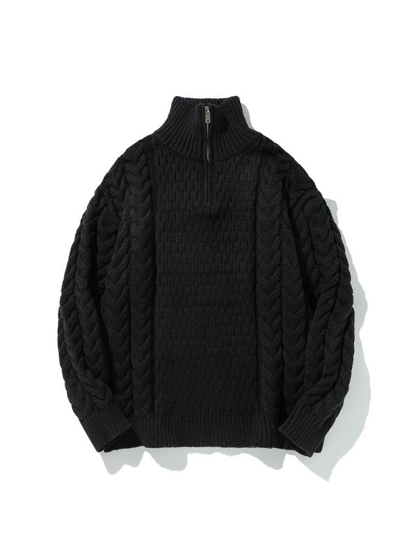 Coarse-pitted Fried Dough Twist Half Zipper Loose Hood Old Money Style Sweater