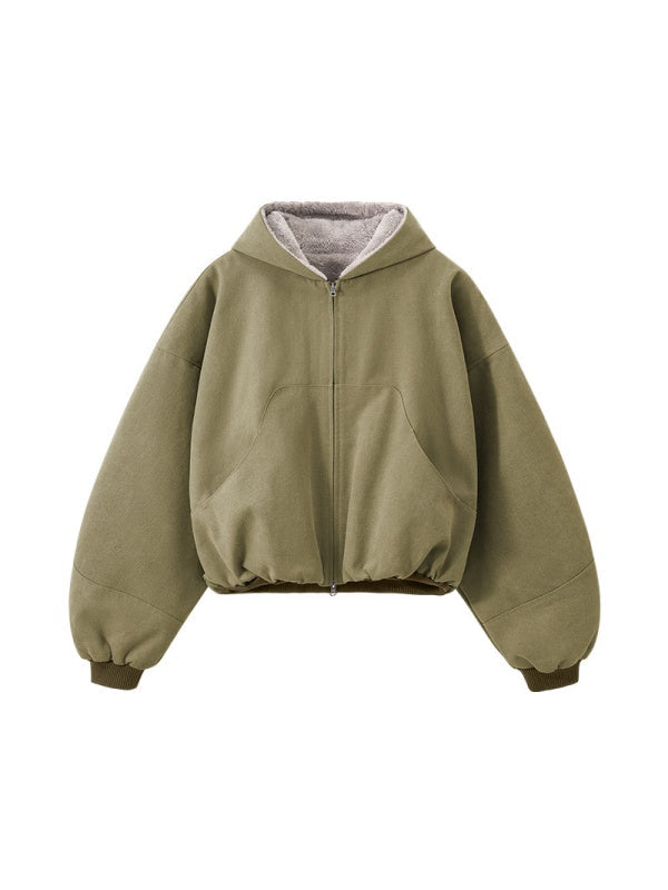 Plush Colorblock Hooded Zipper Jacket