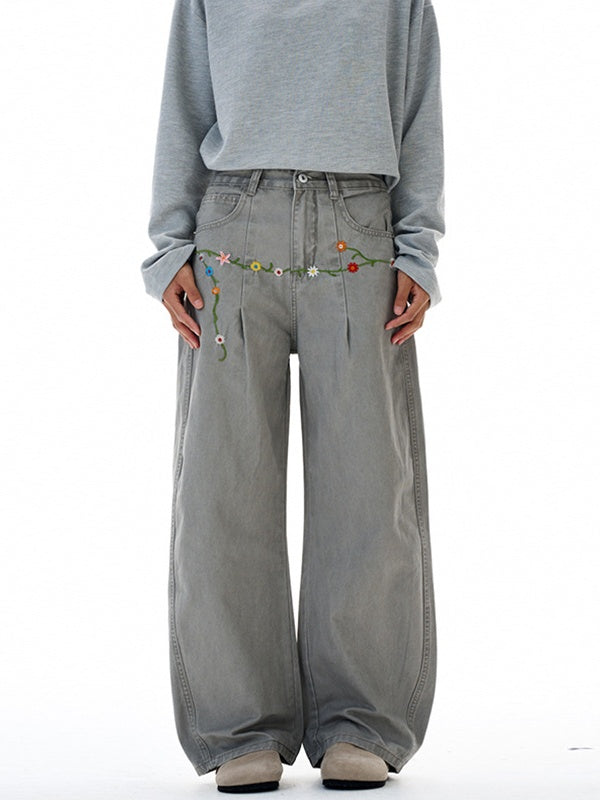 Floral Embroidery Vintage Design Machete Casual Wide-leg Pants