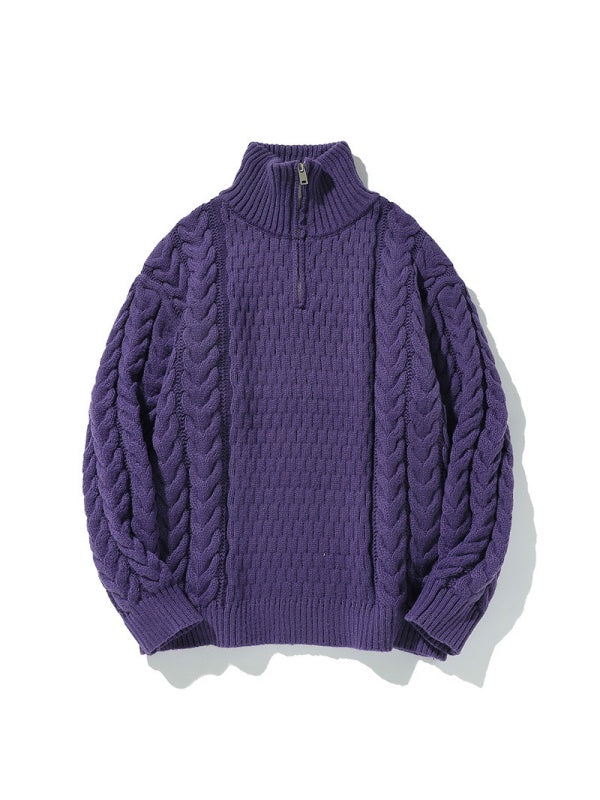 Coarse-pitted Fried Dough Twist Half Zipper Loose Hood Old Money Style Sweater