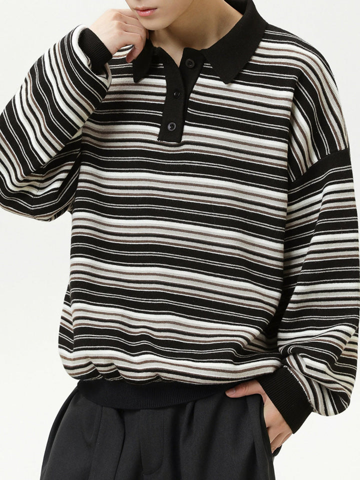 Retro Contrasting colors Stripes Lapel sweater