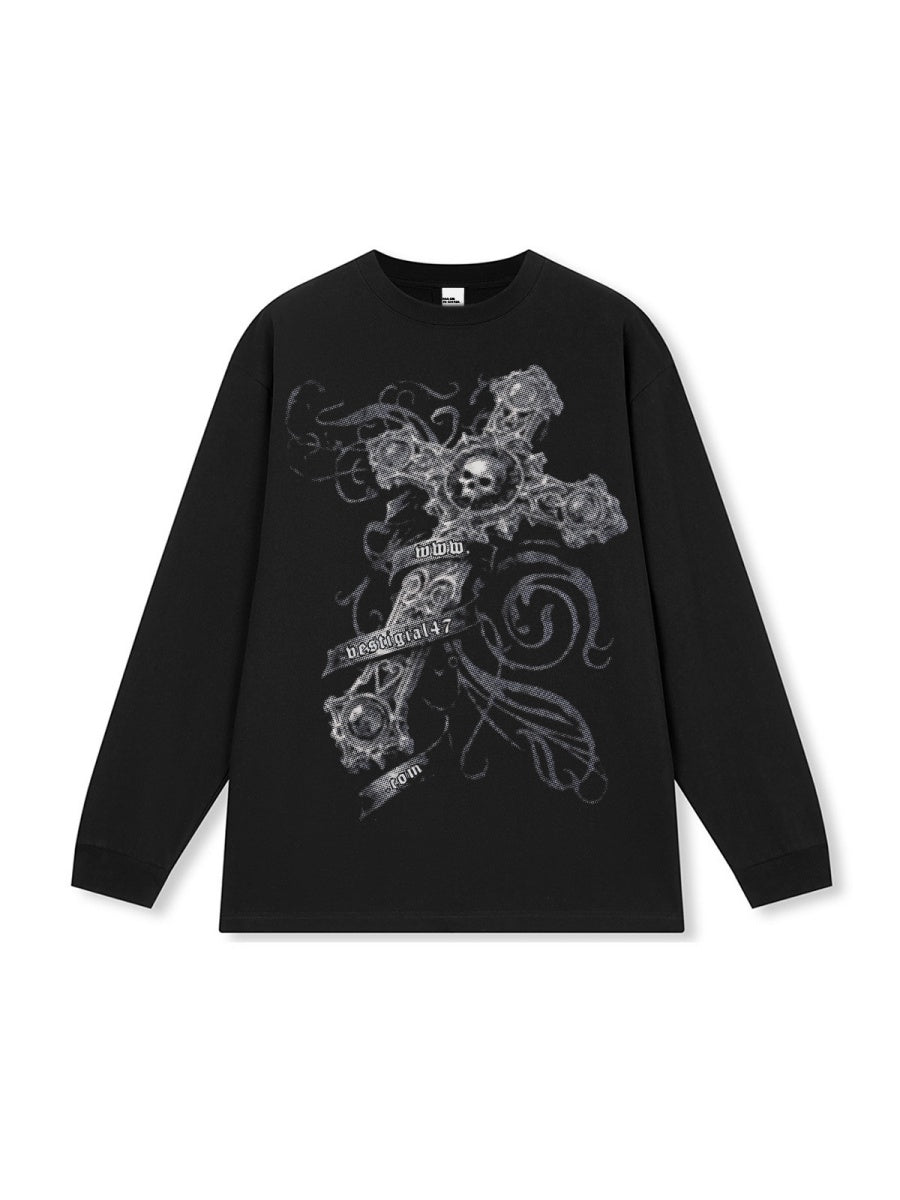 High Street Cross Retro Print Washing Old Long-sleeved T-shirt