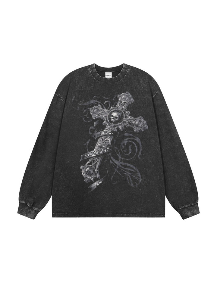 High Street Cross Retro Print Washing Old Long-sleeved T-shirt