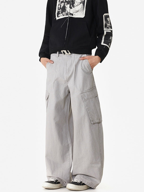 Dark Checkered Pattern Multiple Pockets Straight-leg Wide-leg Drawstring Overalls