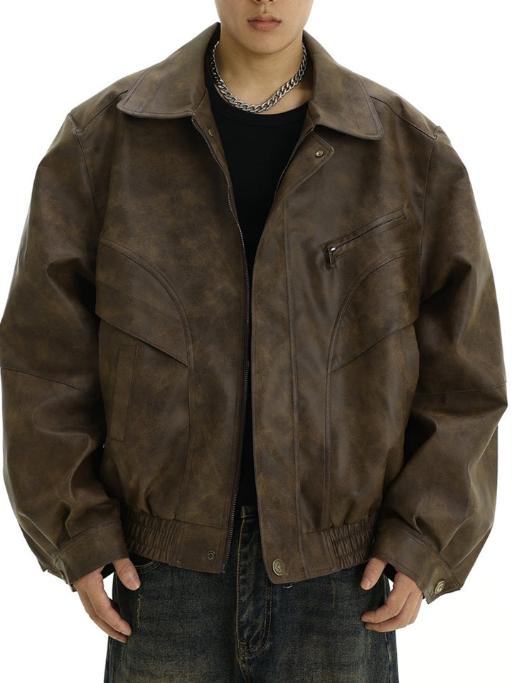 Brown Distressed Lapel Leather Jacket Jackets