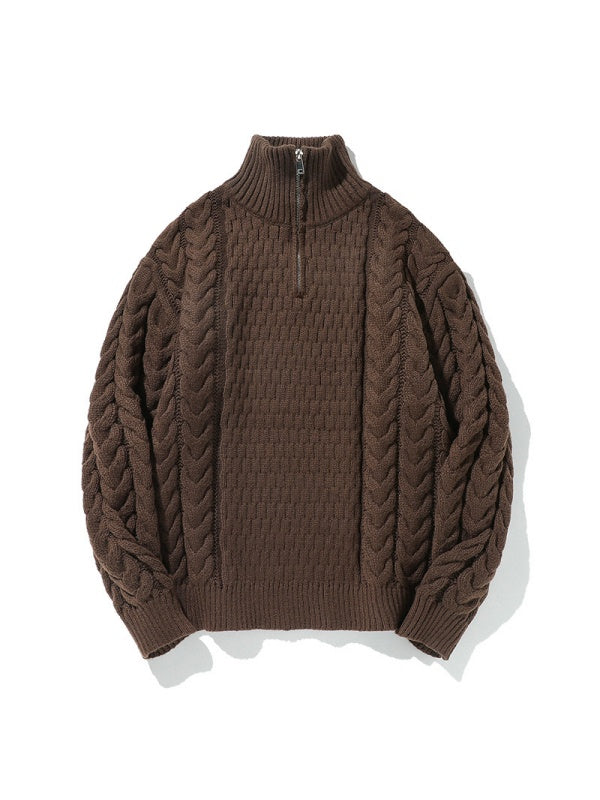 Coarse-pitted Fried Dough Twist Half Zipper Loose Hood Old Money Style Sweater