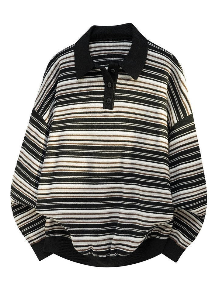 Retro Contrasting colors Stripes Lapel sweater