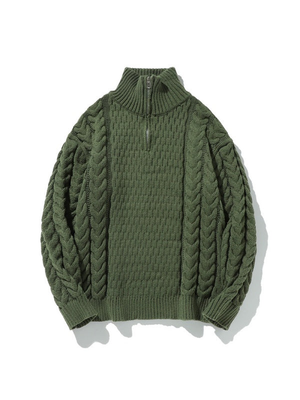 Coarse-pitted Fried Dough Twist Half Zipper Loose Hood Old Money Style Sweater